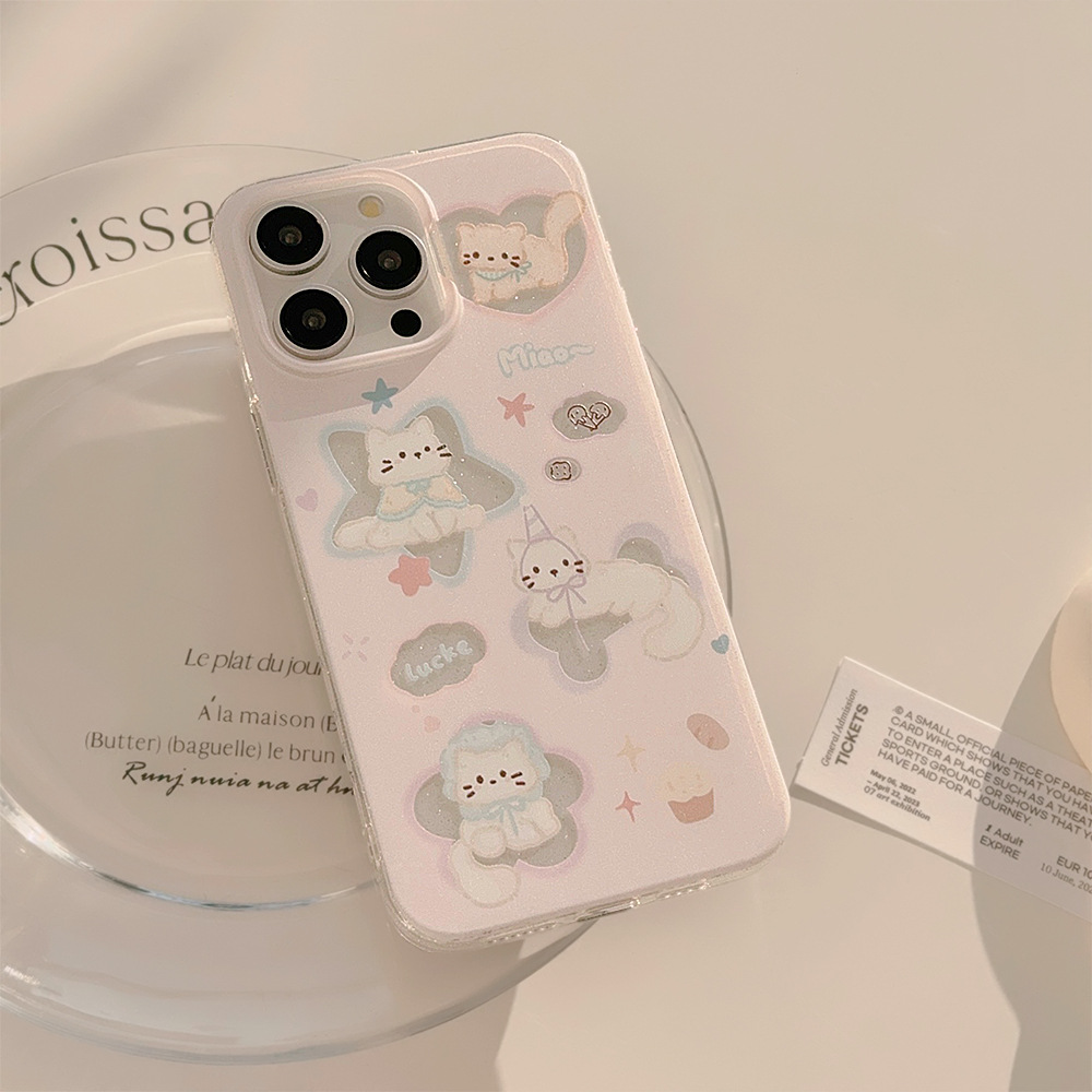 适用苹果16promax手机壳13可爱粉星星猫咪iphone15软11闪粉12男女