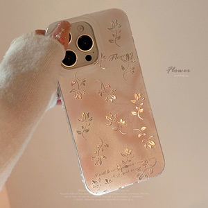 温柔高级羽纱粉色蝴蝶花朵适用14苹果15promax手机壳iphone13硬16