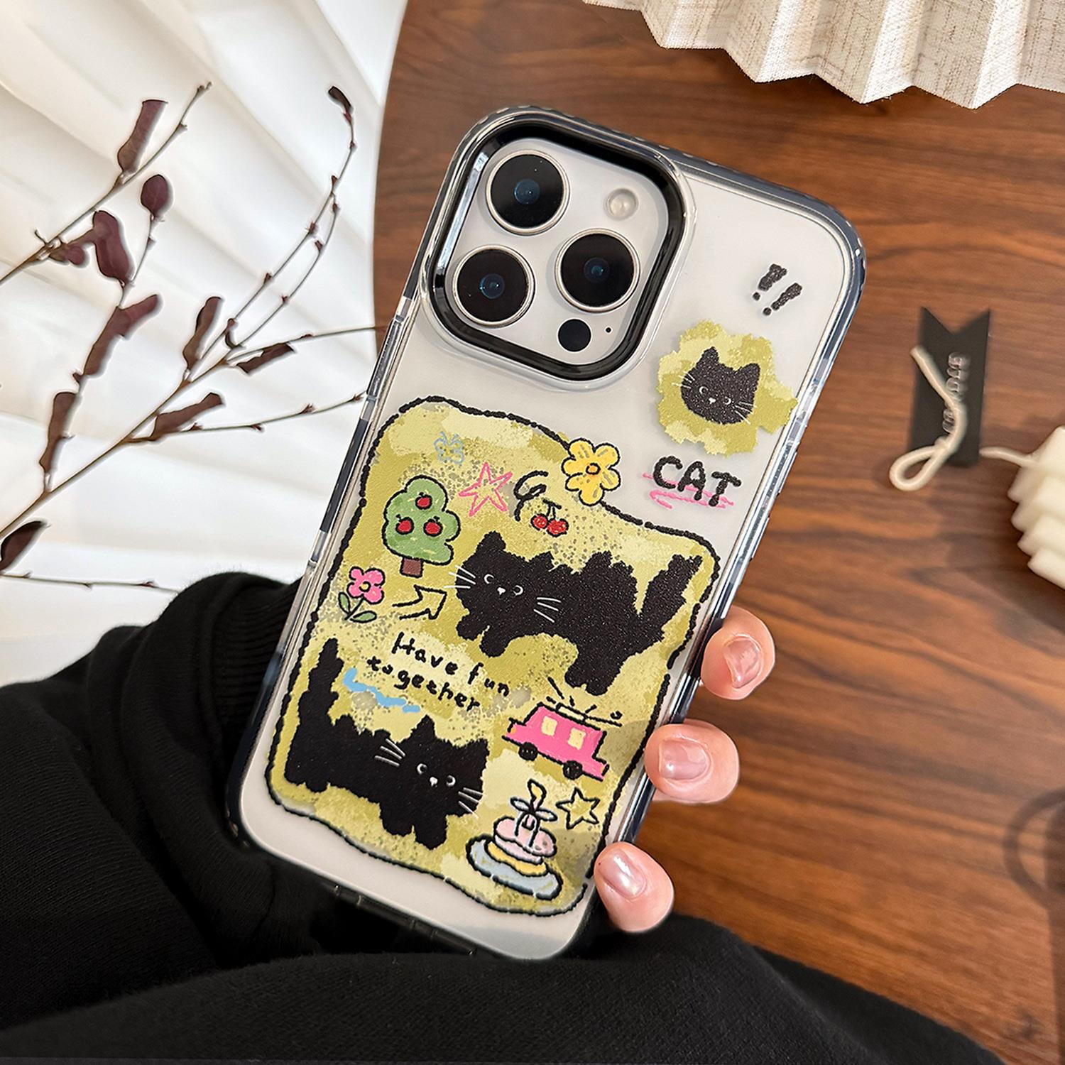 春日卡通小黑猫适用iphone16苹果15promax手机壳14个性12软防摔13