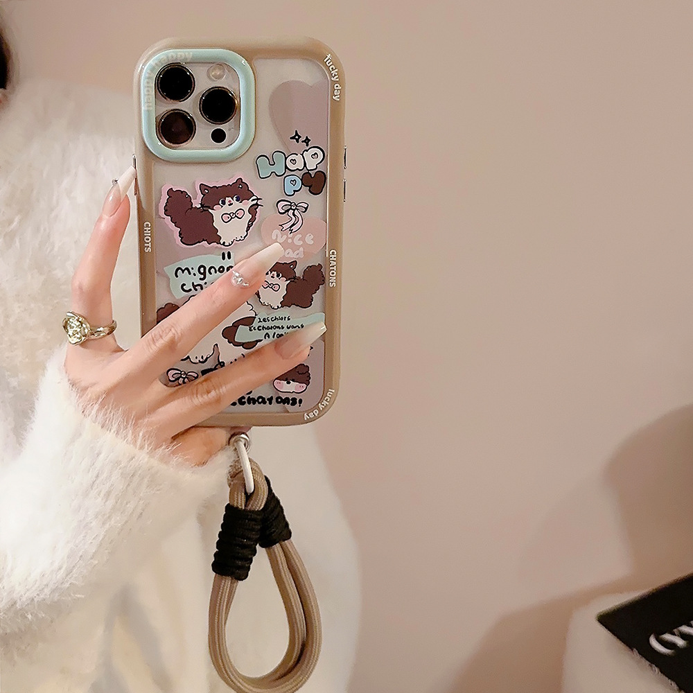 适用14ProMax苹果手机壳猫咪插画苹果13磁吸可爱15手绳iPhone16硬