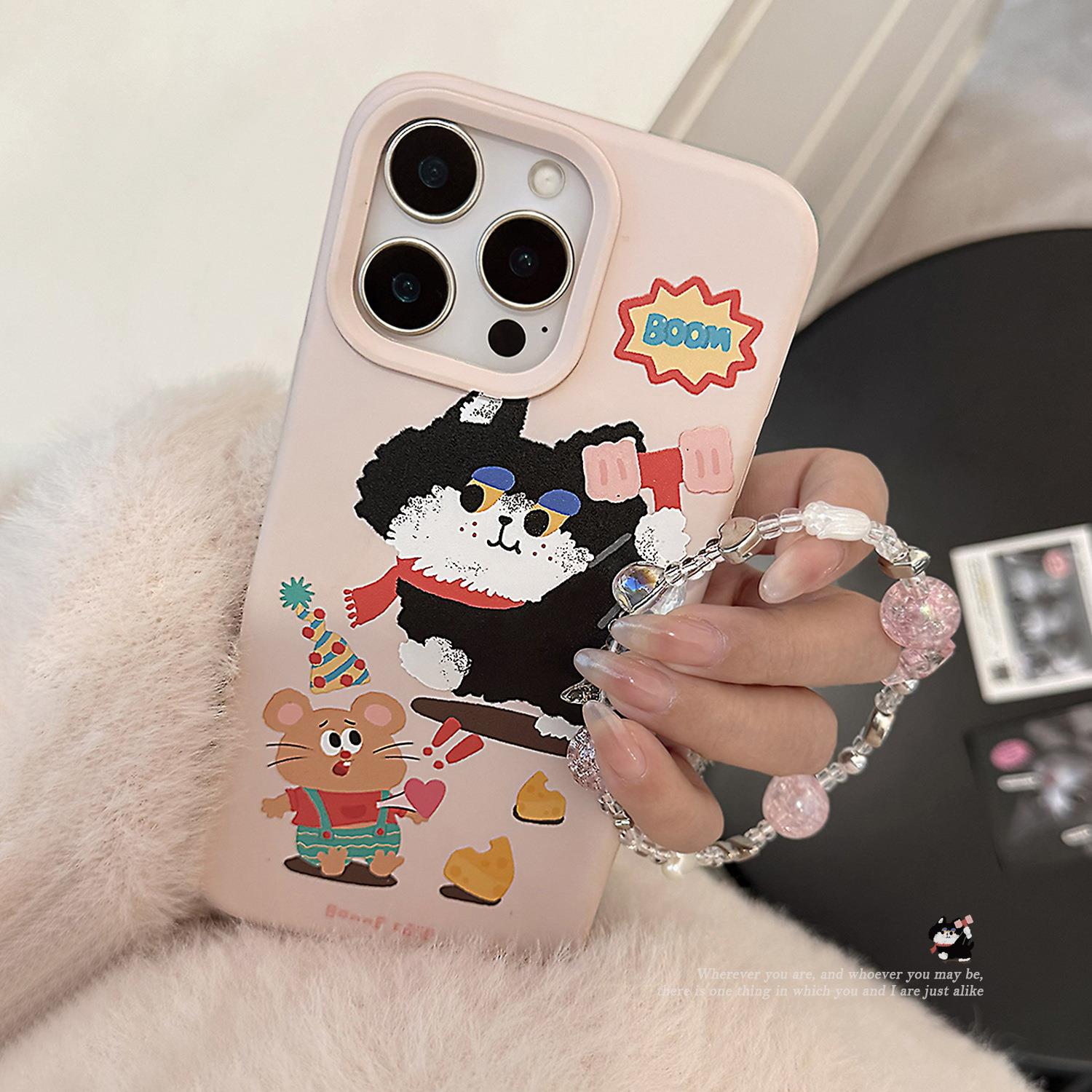 粉色卡通猫咪适用苹果16promax手机壳iphone15挂绳14硅胶13男女11