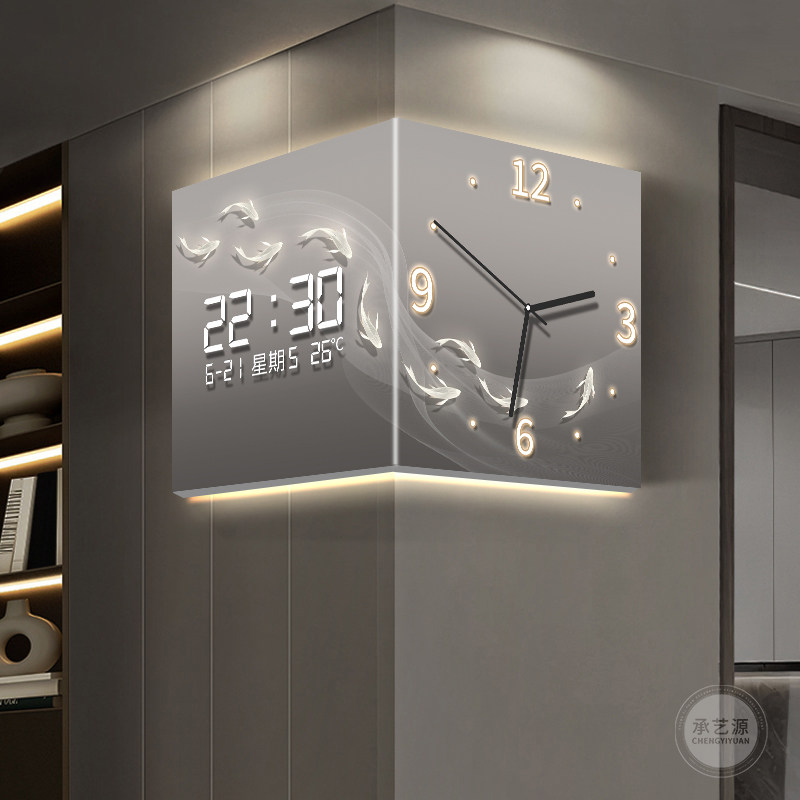 转角双面挂钟装饰画创意免打孔电子日历钟表挂画现代简约拐角时钟