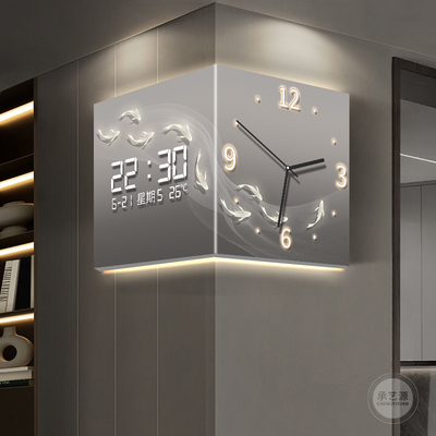 转角双面挂钟装饰画创意免打孔电子日历钟表挂画现代简约拐角时钟