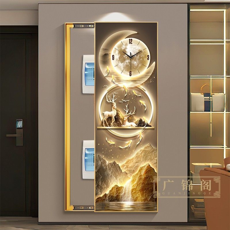 九鱼图大尺寸电表箱装饰画带钟表新中式配电箱网络箱遮挡挂画竖款