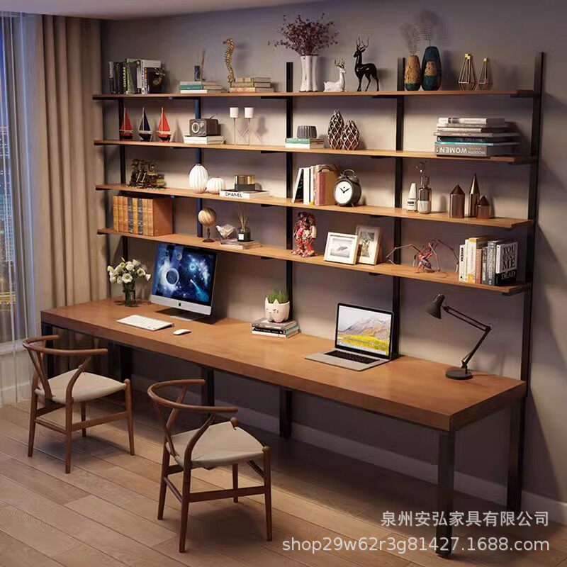 实木双人书桌书架一体靠墙北欧书柜电脑桌家用学生简约台式学习桌