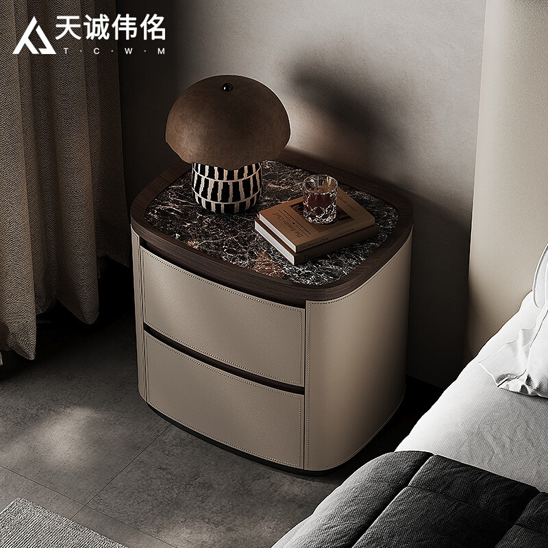KGA234现代简约岩板实木床头柜高端意式轻奢卧室家用方形皮艺床边