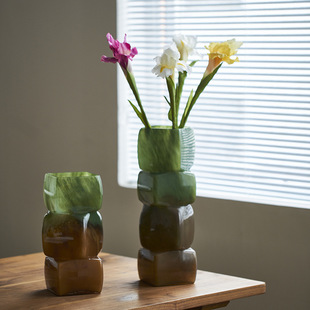 中古风渐变彩色几何方块花瓶餐桌软装酒店电视柜台面装饰玻璃摆件