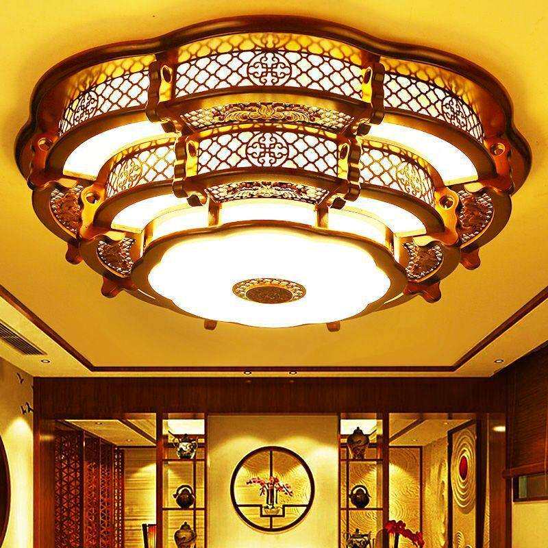 中式吸顶灯圆形实木led别墅大厅办公室古典中国风灯具客厅灯大灯