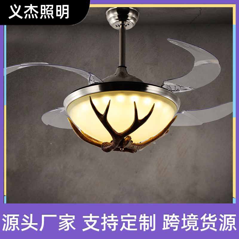 美式工业风酒吧台风扇 鹿角吊灯复古卧室吊扇灯服装店家用 风扇灯
