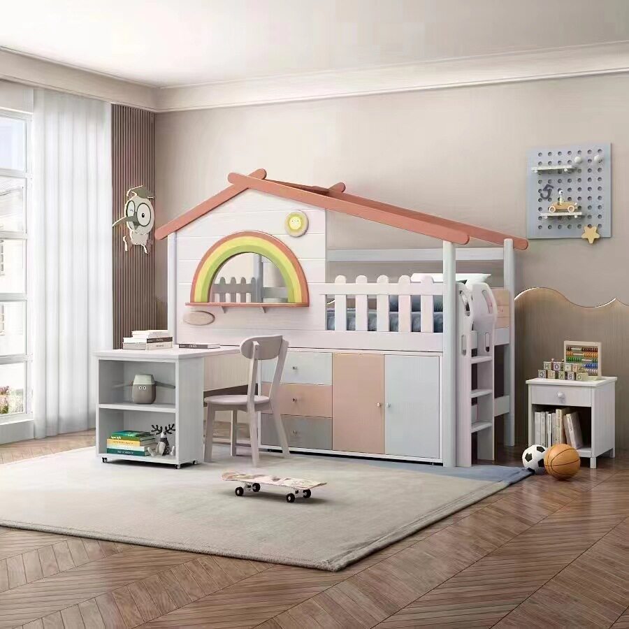儿童半高床全实木男孩一体式上床下桌小户型带书桌衣柜女孩中高床