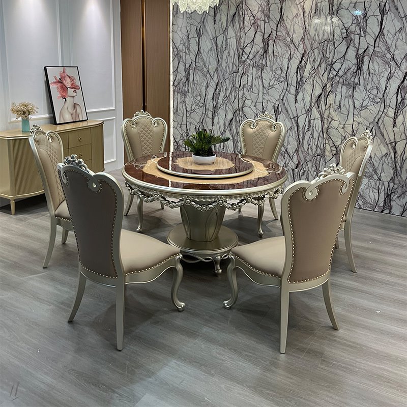欧式美式实木轻奢餐桌简约圆桌大理石餐桌椅高档家用组合奢华饭桌