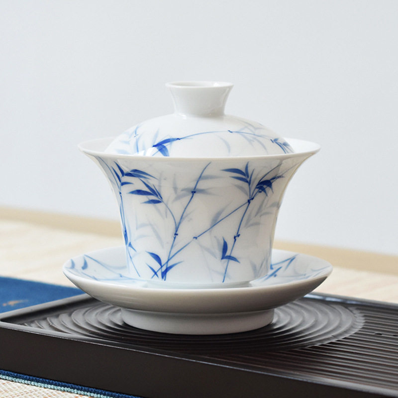德化白瓷盖碗陶瓷仿古手绘功夫三才杯茶碗泡茶杯敬茶碗不烫手批发
