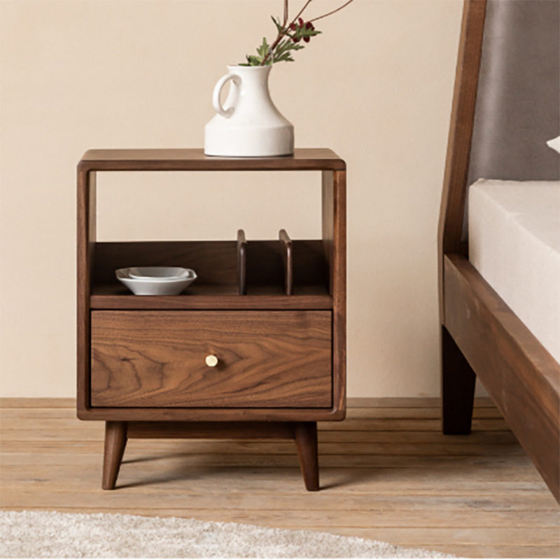 崇匠家具全实木床头柜北欧卧室极简黑胡桃木床边柜简约收纳柜柜子