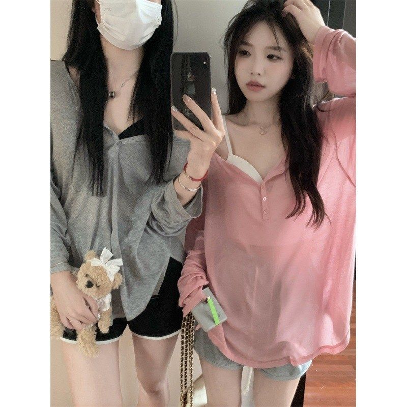 甜辣设计感小众V领衫女士上衣女夏季薄款宽松长袖中长款打底T恤女,女装/女士精品,T恤,淘宝优惠券,粉丝福利购,淘宝优惠卷