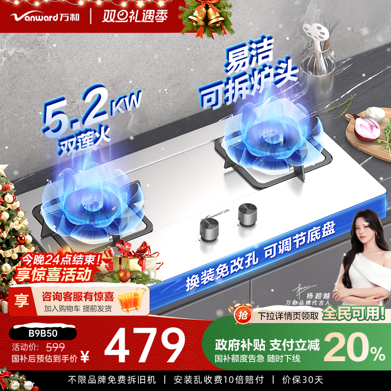 [政府补贴]万和燃气灶双炉灶台式煤天然液化气具不锈钢燃气灶B9B