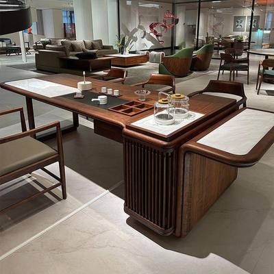 新中合式茶桌泡椅组实PMO木茶现台宋氏美学黑胡桃木代简约岩板泡