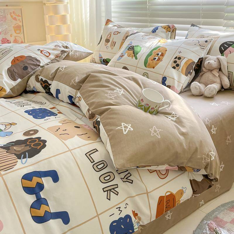 人202棉5款31372全棉印花双床笠四件套纯OZR宿舍单人三件套斜纹被