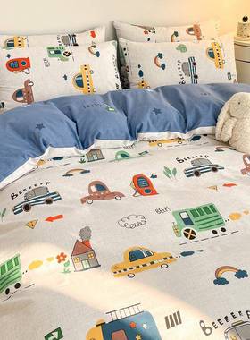 100纯棉童男孩女小汽车卡通四三TIL件生套床上用品学宿舍儿床笠件