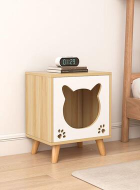 家用实木EUQ简约小型舍猫床边柜储物物柜咪四季猫床头置柜通用猫