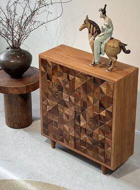 实木XJC复古落地边柜民宿设计入关菱格双门中式客柜厅户靠玄墙储