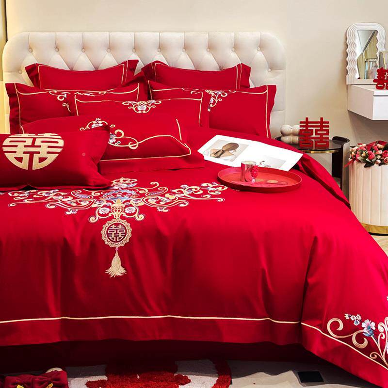 中式婚庆四件套大色喜庆喜结婚纯六棉被红套婚房被陪嫁件XLU床上