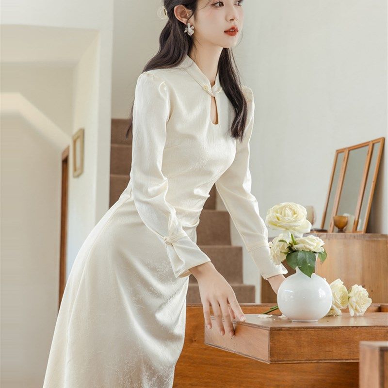 现货速发长袖旗袍连衣裙子新中式伴娘服平时可穿订婚礼服日常秋冬