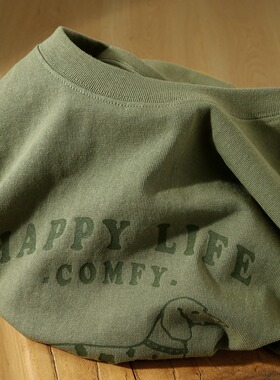 速发美式复h军绿色t恤夏c宽松季古港风学生纯棉印花半袖上衣