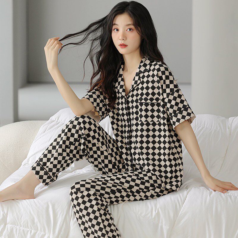 睡衣女款夏季纯棉2025年新款女士短袖长裤夏款格子家居Y服套装夏