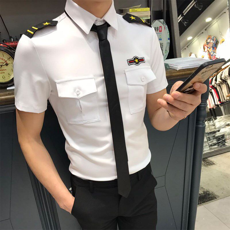 夏季薄款理发美发师空少服u酒吧KTV服务员工作服男士短袖衬衫衬衣
