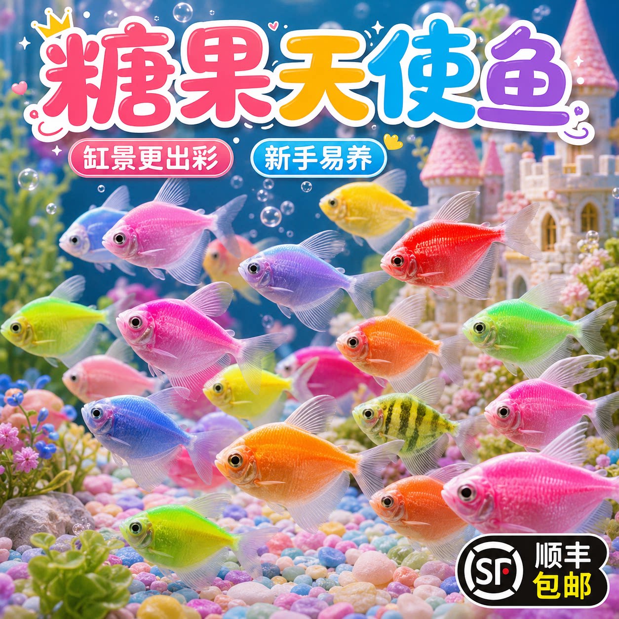 顺丰糖果天使鱼七彩大号观赏热带鱼群游小型淡水孔雀好养耐活鱼苗