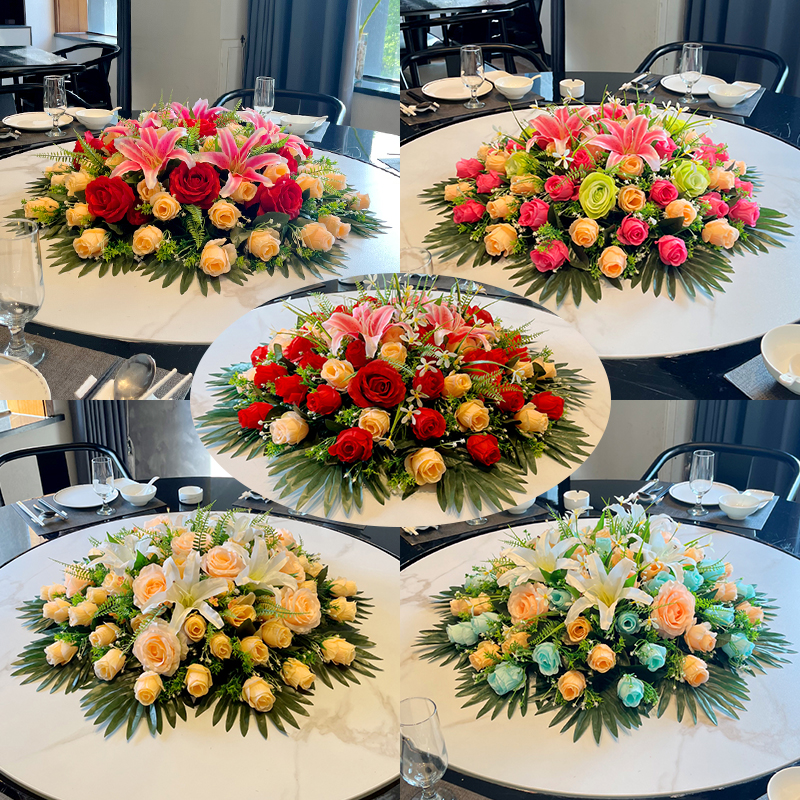 高档酒店餐桌台花大圆桌中间摆花饭店客厅包间转盘装饰仿真花假花