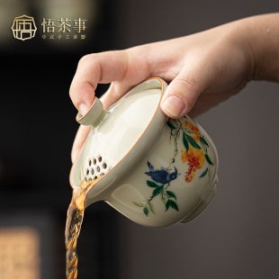 汝窑盖碗茶杯大号单个高档泡x茶手抓壶不烫手泡茶杯功夫茶具套装