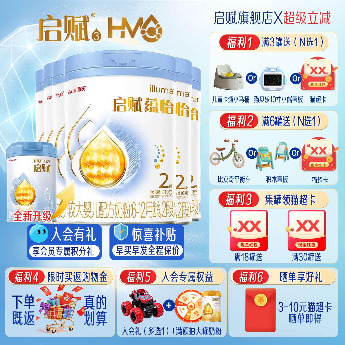 蓝钻升级启赋蕴怡2段810g*6罐二段惠氏婴幼儿配方奶粉官方旗舰