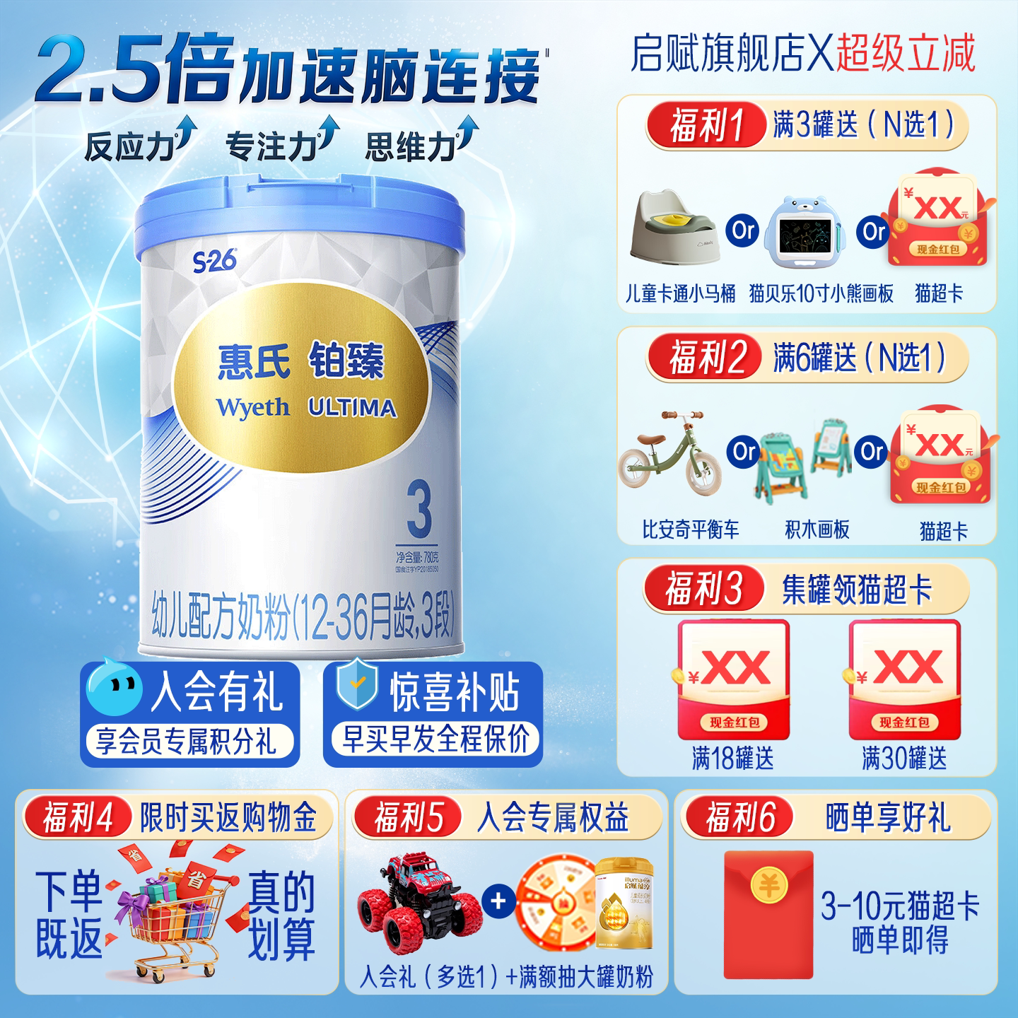 惠氏S26铂臻3段780g*1罐瑞士进口三段配方奶粉旗舰店官方正品保障