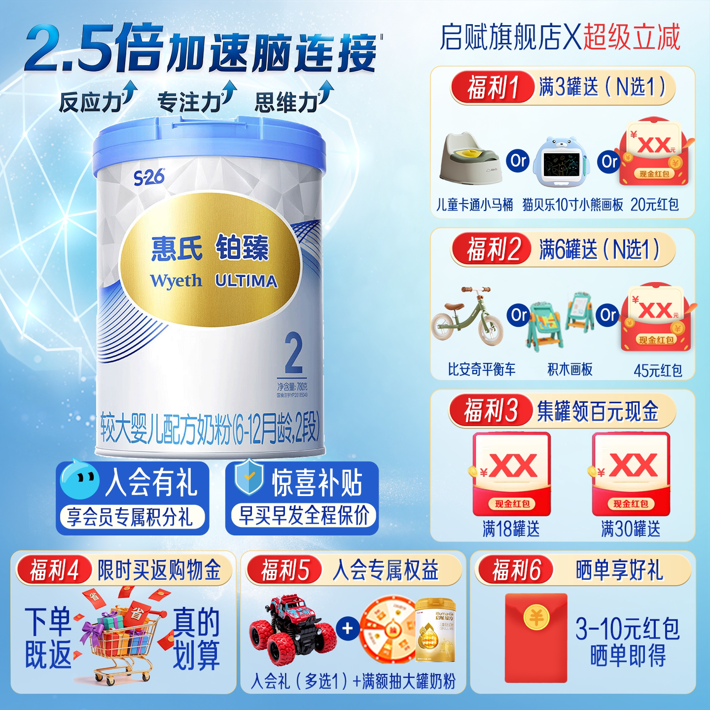 惠氏S-26铂臻2段婴儿奶粉780g*1罐婴幼儿牛奶粉官方旗舰正品保障