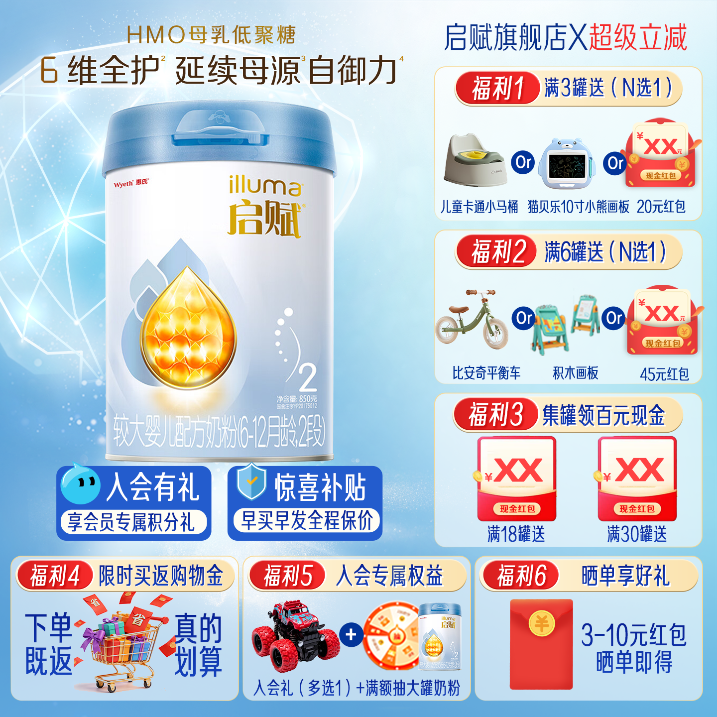 启赋蓝钻2段850g奶粉二段惠氏婴儿婴幼儿新生配方官方旗舰店正品