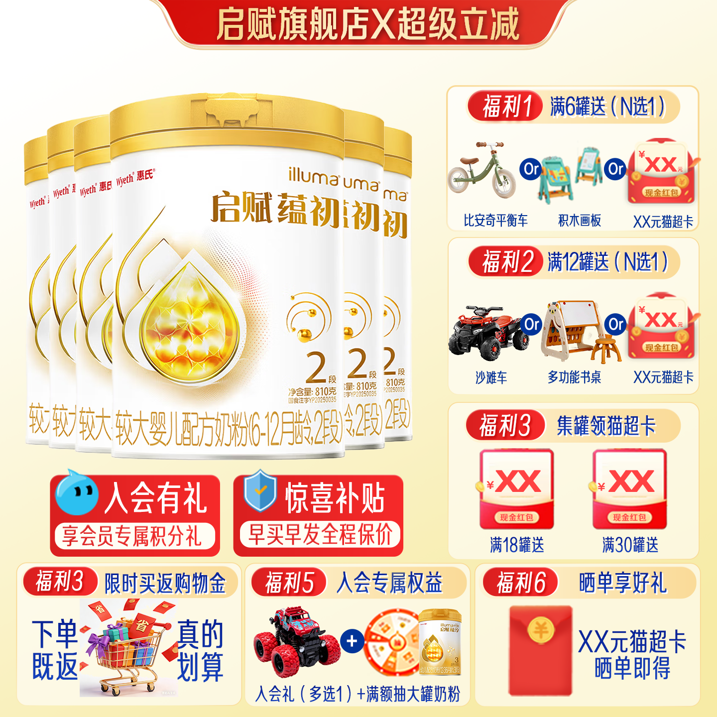 7种HMO重磅新品】惠氏启赋蕴初2段婴幼儿奶粉810g/6罐旗舰正品