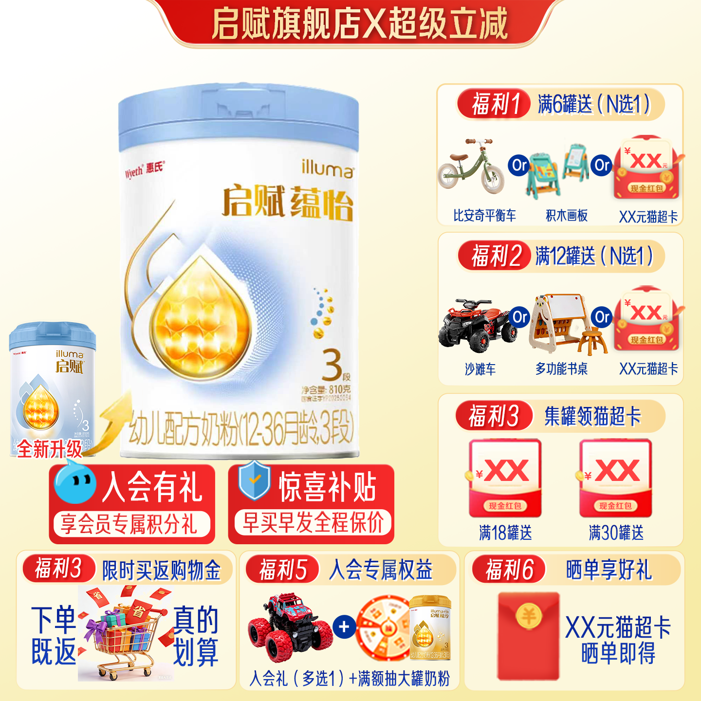 蓝钻升级】惠氏启赋蕴怡3段7HMO进口奶源婴幼儿奶粉810g旗舰店