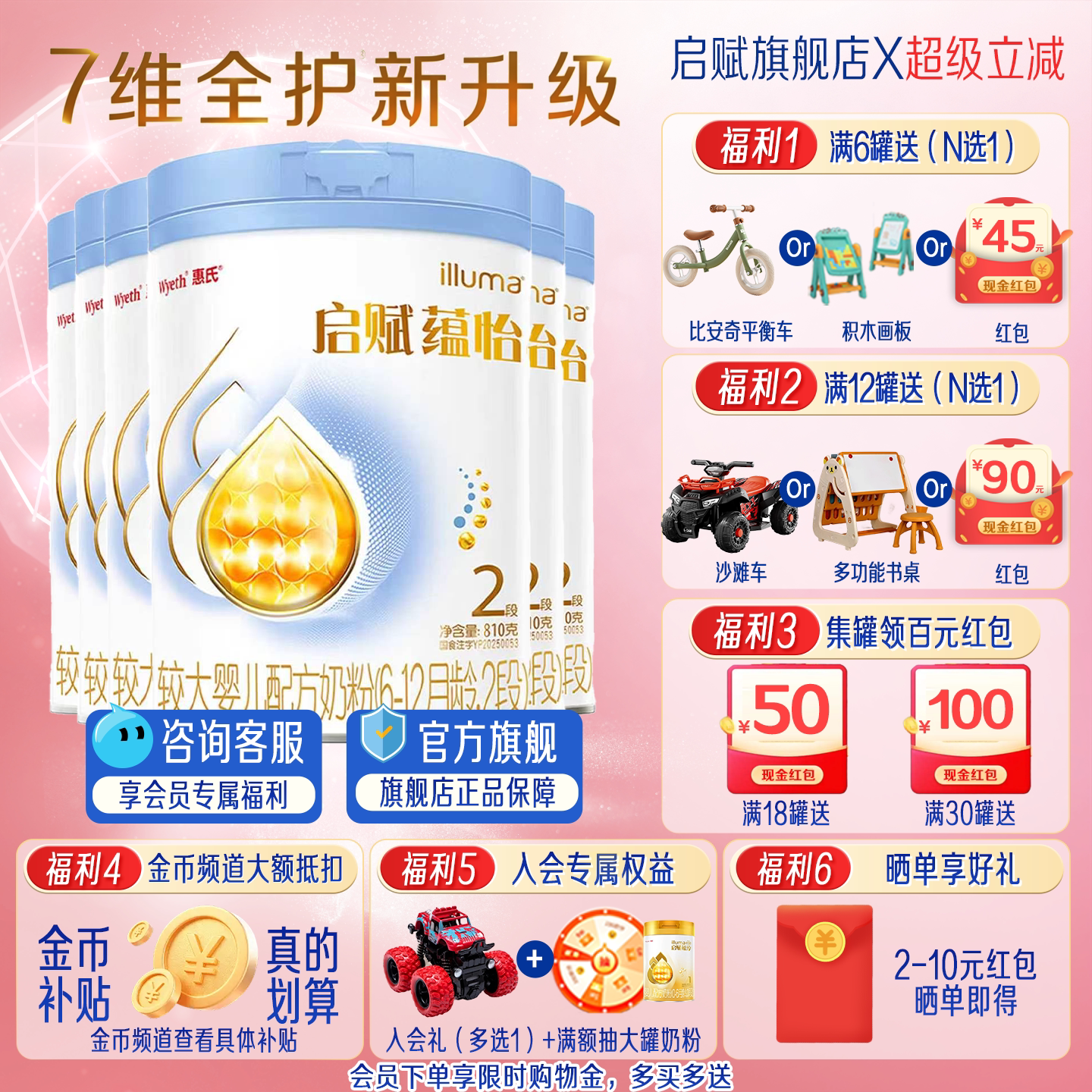 淘金币|蓝钻升级】惠氏启赋蕴怡2段婴儿奶粉810g*6罐二段HMO旗舰