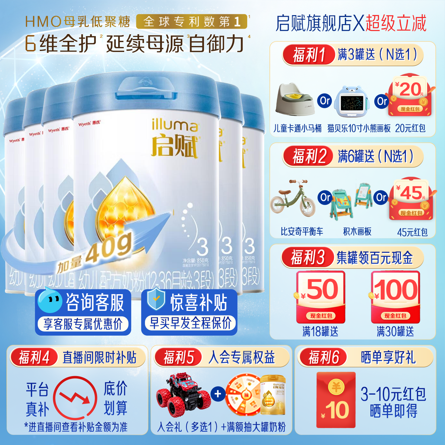 启赋蓝钻3段850g*6罐奶粉惠氏三段婴儿婴幼儿配方官方旗舰店正品