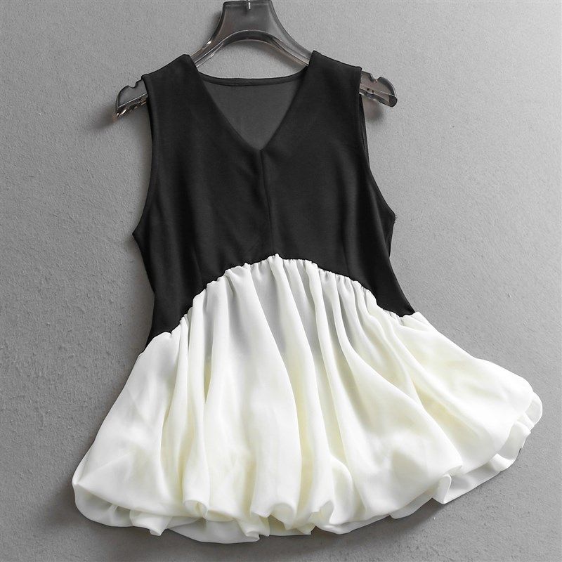 撞色相拼荷叶边花苞修身V领无袖上衣2025夏季新款气质女背心C835