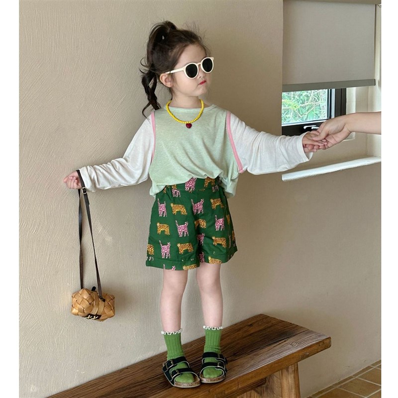 鲍小鱼2025夏季新o款男女儿童薄款撞色防晒长袖T恤衫豹纹豹子短裤