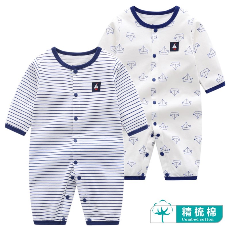 夏季新生婴儿连体衣纯p棉薄款男宝长袖哈衣女童爬服夏装睡衣空调