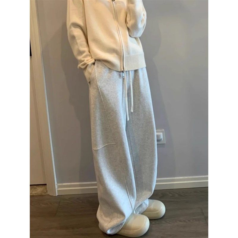 大码胖mm灰色休闲运动糯米裤女秋冬加绒直筒阔腿卫裤山本镰刀裤子