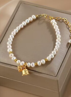 幸福摇铃磨砂哑金铃兰花淡水珍珠项链 轻奢小众文艺复古锁骨链