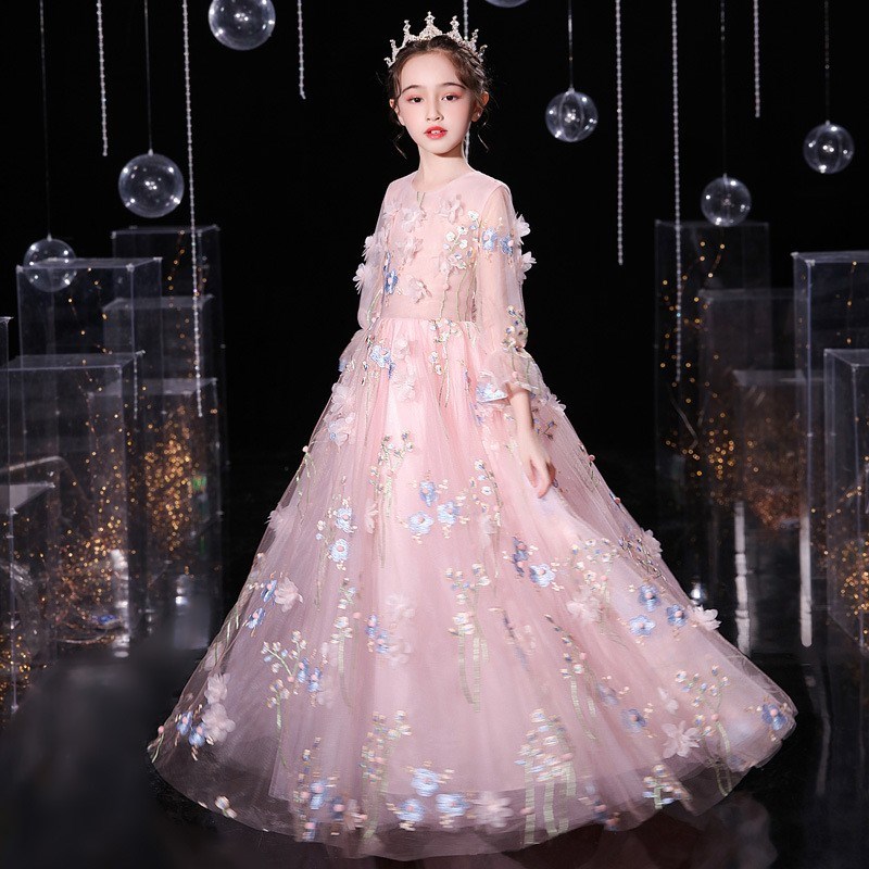 大码胖mm女大童礼服粉色连衣裙公主裙蓬蓬长裙生S日走秀钢琴演出