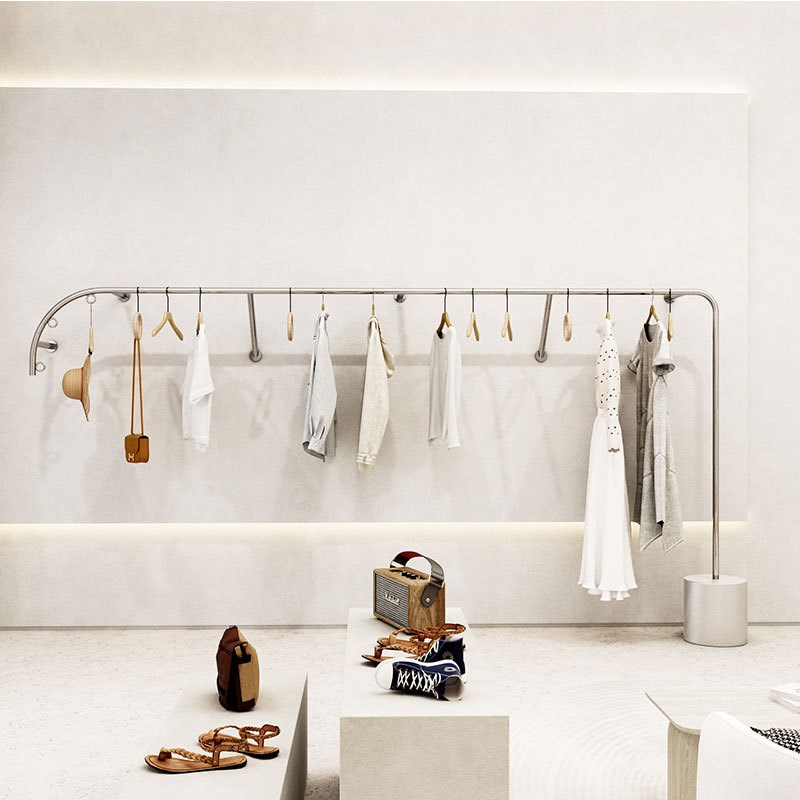 服装店展示架陈列架童女装店货架上墙壁挂衣架不锈钢银色衣服架子