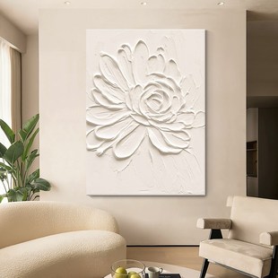 纯手绘油画纯白牡丹花客厅装饰画花开富贵玄关主卧床头厚肌理挂画