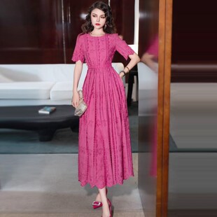 2024夏季 高端气质重工绣花长裙高级感收腰显瘦玫红色连衣裙女 新款