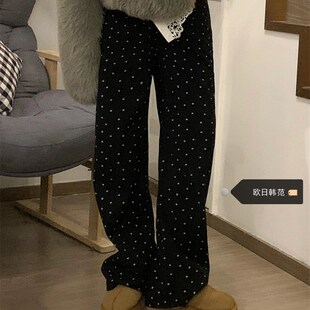 大码复古碎花波点牛仔裤女春秋高街黑色裤子高腰直筒宽松阔腿长裤